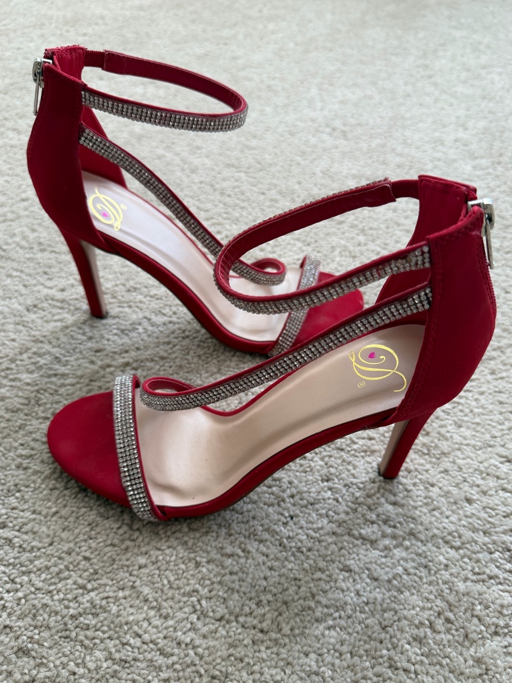 Red Crystal-Strap Stiletto Sandals - Women's Dress Heels 7.5 sparkle rhinestone